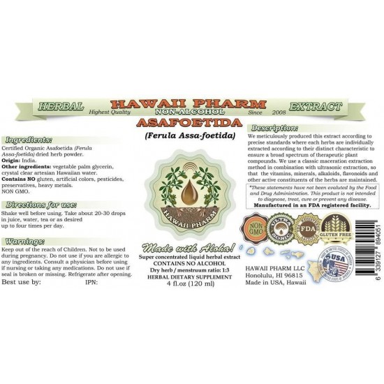 Asafoetida Alcohol-Free Liquid Extract, Organic Asafoetida (Ferula Assa-foetida) Dried Herb Powder Glycerite Hawaii Pharm Natural Herbal Supplement 64 oz