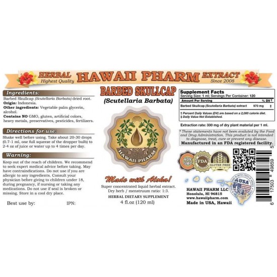 Barbed Skullcap, Ban Zhi Lian (Scutellaria Barbata) Tincture, Dried Root Liquid Extract, Barbed Skullcap, Herbal Supplement 64 oz