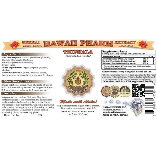 Triphala Liquid Extract, Organic Triphala Blend Tincture Herbal Supplement 15x4 fl.oz