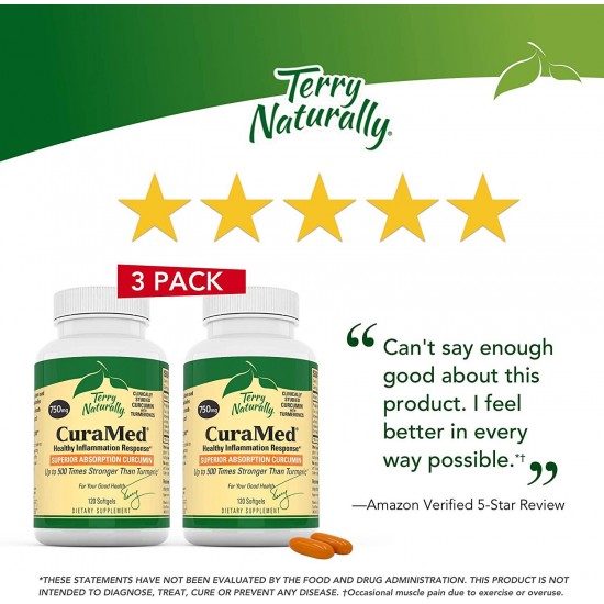 Terry Naturally CuraMed 750 mg (3 Pack) - 120 Softgels - Superior Absorption BCM-95 Curcumin Supplement, Promotes Healthy Inflammation Response - Non-GMO, Gluten-Free, Halal - 360 Total Servings