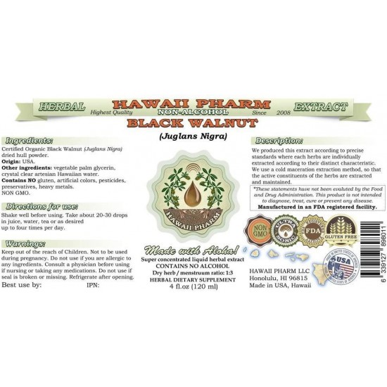 Black Walnut Alcohol-Free Liquid Extract, Organic Black Walnut (Juglans Nigra) Dried Hull Glycerite Hawaii Pharm Natural Herbal Supplement 64 oz