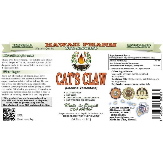 Cat's Claw Alcohol-Free Liquid Extract, Cat's Claw (Uncaria Tomentosa) Dried Inner Bark Glycerite Herbal Supplement 64 oz