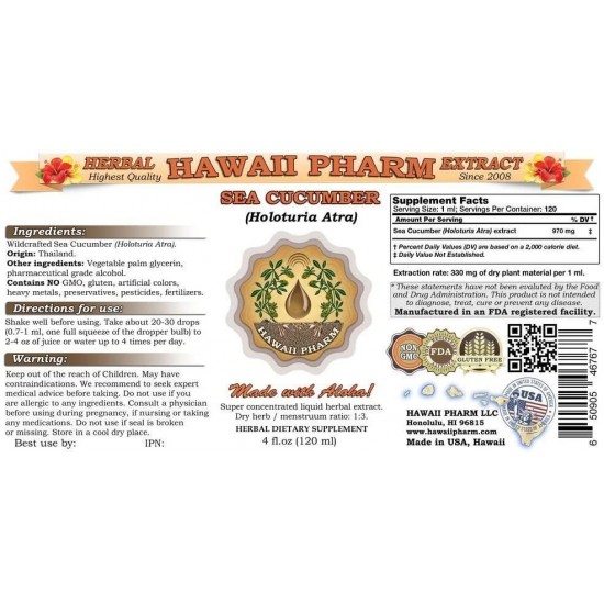 Sea Cucumber Liquid Extract, Sea Cucumber (Holoturia Atra) Tincture, Herbal Supplement, Hawaii Pharm, Made in USA, 2x32 fl.oz