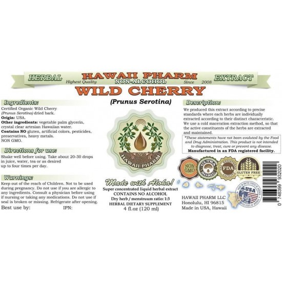 Wild Cherry Alcohol-Free Liquid Extract, Organic Wild Cherry (Prunus Serotina) Dried Bark Glycerite Natural Herbal Supplement, Hawaii Pharm, USA 15x4 fl.oz
