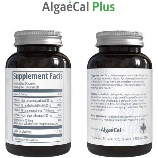AlgaeCal Plus – Plant-Based Calcium Supplement with Magnesium, Boron, Vitamin K2 + D3 | Increase Bone Strength | All Natural Ingredients | Highly Absorbable | 120 Veggie Capsules per Bottle (6 Pack)