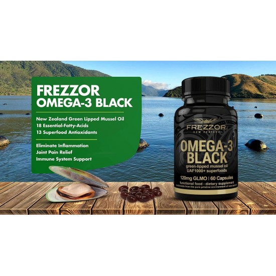 Omega 3 Natural Joint Pain Relief & Inflammation Supplement, Heart & Immune Support, No Fish Aftertaste, Green Lipped Mussel Oil New Zealand, FREZZOR Omega 3 Black, 450mg, 5 Pack, 300 Count