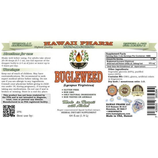 Bugleweed Alcohol-Free Liquid Extract, Organic Bugleweed (Lycopus Virginicus) Dried Leaf and Flower Glycerite Hawaii Pharm Natural Herbal Supplement 64 oz