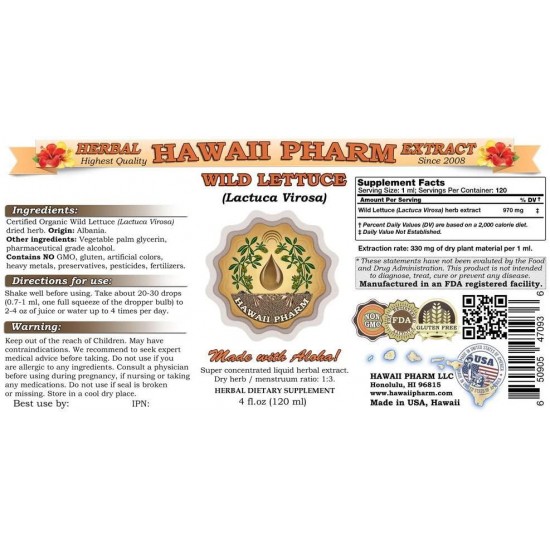 Wild Lettuce (Lactuca Virosa) Liquid Extract, Organic Wild Lettuce Dried Herb Tincture, Herbal Supplement, Made in USA by Hawaii Pharm, 2x32 fl. oz