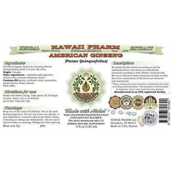 American Ginseng Alcohol-Free Liquid Extract, Ginseng (Panax Quinquefolius) Dried Root Glycerite Hawaii Pharm Natural Herbal Supplement 64 oz