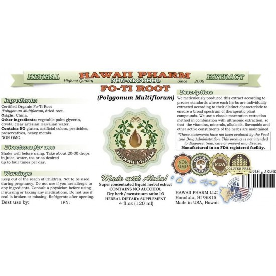 Fo-Ti Root Alcohol-Free Liquid Extract, Organic Fo-Ti Root (Polygonum multiflorum) Dried Root Glycerite Hawaii Pharm Natural Herbal Supplement 64 oz