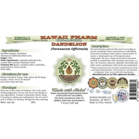 Dandelion Alcohol-Free Liquid Extract, Organic Dandelion (Taraxacum Officinale) Dried Root Glycerite Hawaii Pharm Natural Herbal Supplement 15x4 oz