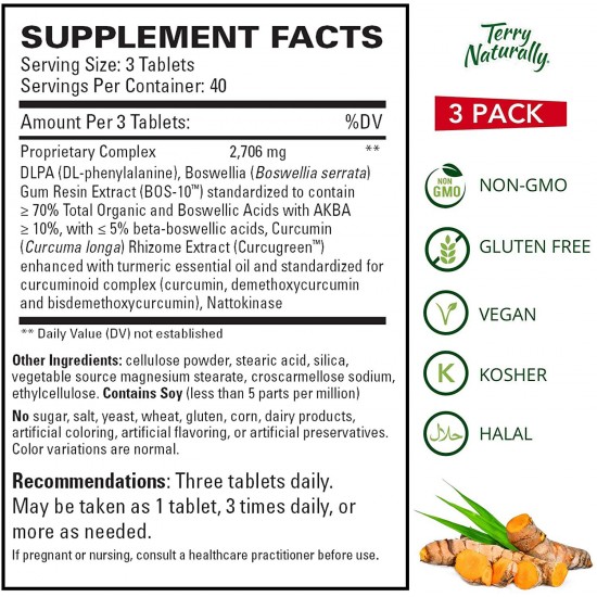 Terry Naturally Curamin Extra Strength (3 Pack) - 120 Vegan Tablets - Non-Addictive Pain Relief Supplement With Curcumin, Boswellia & DLPA - Non-GMO, Gluten-Free - 120 Total Servings
