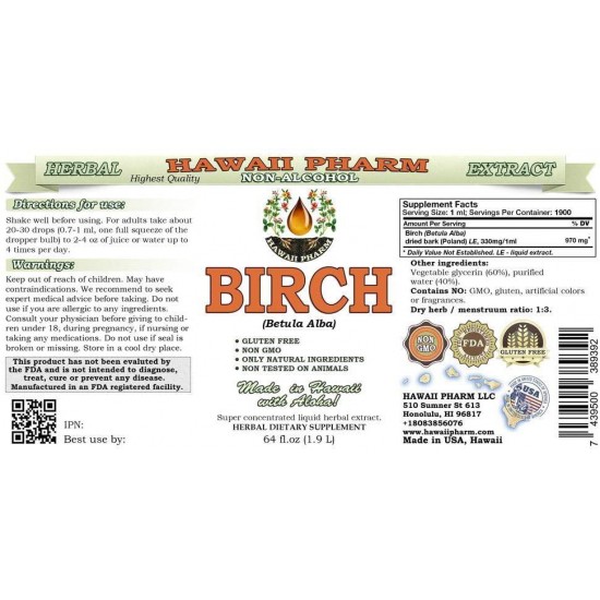 Birch Alcohol-Free Liquid Extract, Birch (Betula Alba) Dried Bark Glycerite Hawaii Pharm Natural Herbal Supplement 64 oz