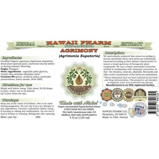 Agrimony Alcohol-Free Liquid Extract, Organic Agrimony (Agrimonia Eupatoria) Glycerite Hawaii Pharm Natural Herbal Supplement 64 oz