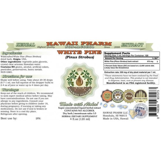 White Pine Alcohol-Free Liquid Extract, White Pine (Pinus Strobus) Dried Bark Glycerite Herbal Supplement 2x32 oz Unfiltered