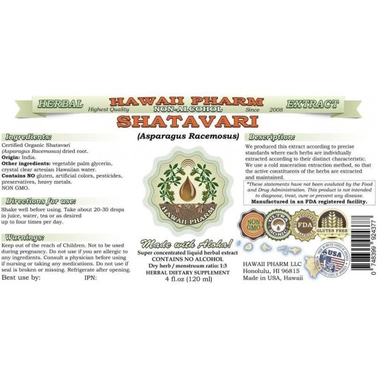 Shatavari Alcohol-Free Liquid Extract, Shatavari (Asparagus Racemosus) Root Glycerite Natural Herbal Supplement, Hawaii Pharm, USA 15x4 fl.oz