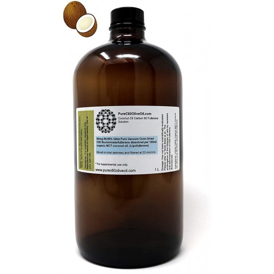 Organic C60 MCT Coconut Oil 1L - 99.95% Carbon 60 Solvent Free Supplement 800mg - SUPERANTIOXIDANT - Food Grade - Third Party Tested - Amber Glass Bottle - Carbon 60 Coconut Oil - Ultra Pure FULLERENE