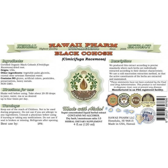 Black Cohosh Alcohol-Free Liquid Extract, Organic Black Cohosh (Cimicifuga Racemosa) Dried Root Glycerite Hawaii Pharm Natural Herbal Supplement 64 oz