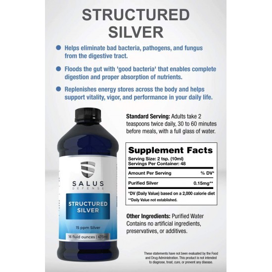Salus Defense Structured Silver Liquid — Alkaline Water with 15ppm Structured Silver — All Natural and Safe with No Additives — 16 Ounce Bottle (6 Pack)