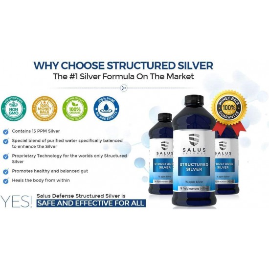 Salus Defense Structured Silver Liquid — Alkaline Water with 15ppm Structured Silver — All Natural and Safe with No Additives — 16 Ounce Bottle (6 Pack)