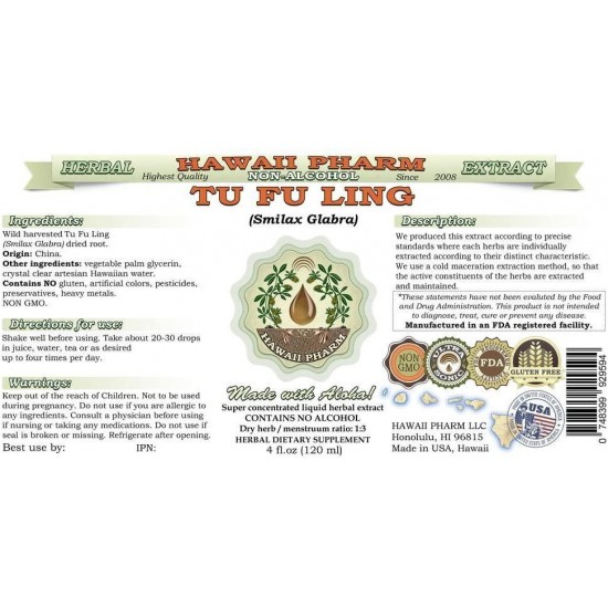 Tu Fu Ling Alcohol-Free Liquid Extract, Tu Fu Ling, Glabrous Greenbrier (Smilax Glabra) Root Glycerite Natural Herbal Supplement, Hawaii Pharm, USA 64 fl.oz