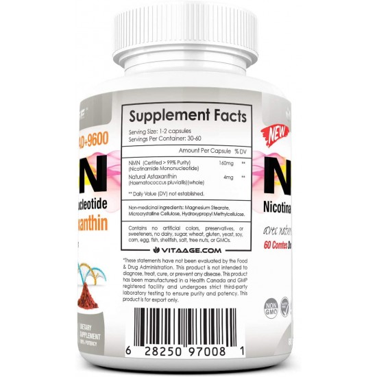 Vita-Age NMN Lab Tested 320mg Serving with 8mg Astaxanthin (Highest Purity Nicotinamide Mononucleotide) Boost NAD+ Support Metabolism (160mg Per Cap, 3 x NMN 60 Capsules) Dual Ingredients