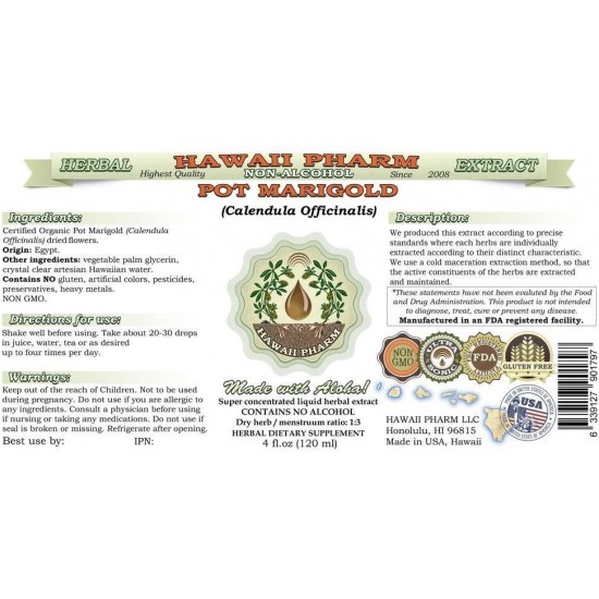 Pot Marigold Alcohol-Free Liquid Extract, Organic Pot Marigold (Calendula Officinalis) Dried Flower Glycerite Hawaii Pharm Natural Herbal Supplement 64 fl.oz