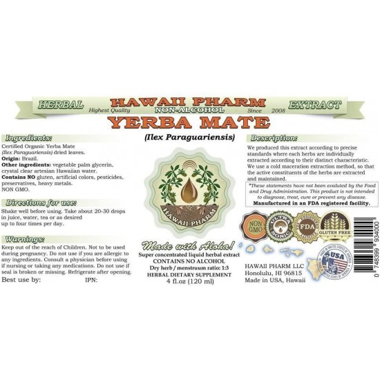 Yerba Mate Alcohol-Free Liquid Extract, Organic Yerba Mate (Ilex Paraguariensis) Dried Leaf Glycerite Natural Herbal Supplement, Hawaii Pharm, USA 64 fl.oz