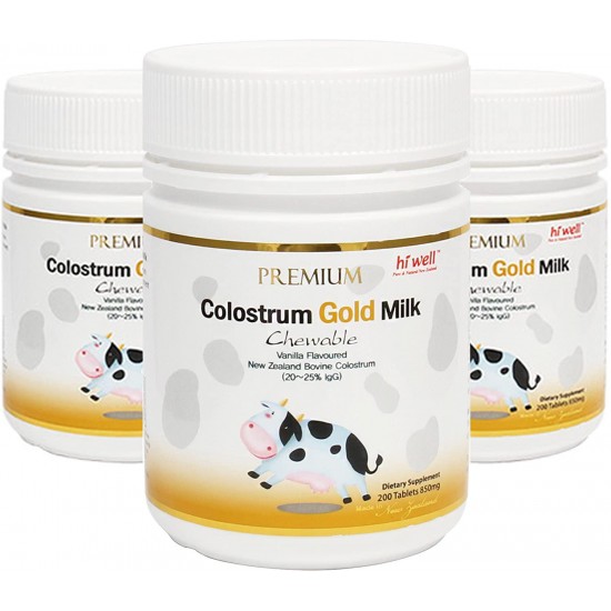 Hi Well Premium New Zealand Bovine Colostrum Gold Milk 200 Chewables Tablets Immunoglobulin G (Igg) 20~25% (Pack of 3)