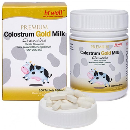 Hi Well Premium New Zealand Bovine Colostrum Gold Milk 200 Chewables Tablets Immunoglobulin G (Igg) 20~25% (Pack of 3)