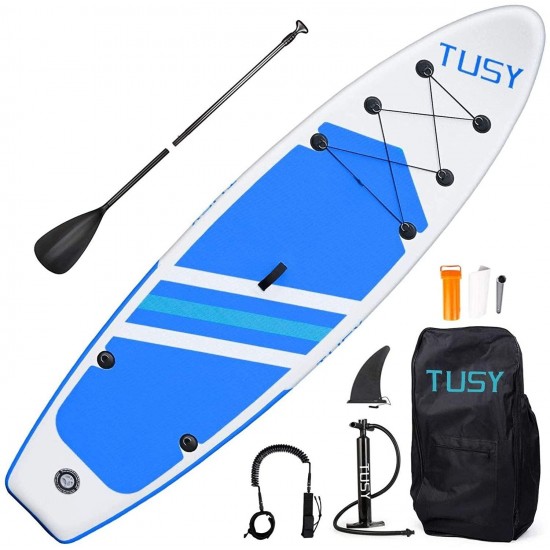 TUSY 11FT Inflatable Stand Up Paddle Board with SUP Accessories Travel Backpack, Non-Slip Deck Adjustable Paddles, Leash and Fin for Paddling