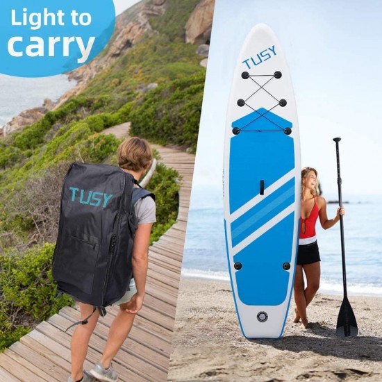 TUSY 11FT Inflatable Stand Up Paddle Board with SUP Accessories Travel Backpack, Non-Slip Deck Adjustable Paddles, Leash and Fin for Paddling
