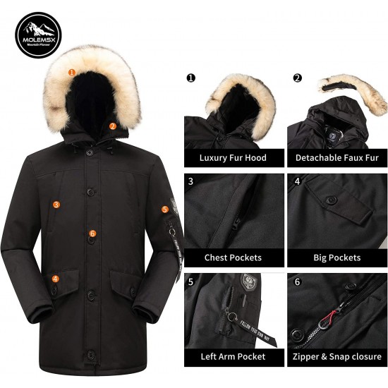 Molemsx Men's Warm Winter Down Jacket Parka Puffer Coat with Hood Faux-Fur Trim XS-3XL