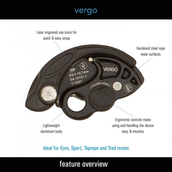 TRANGO Vergo Rock Climbing Belay Device & React Screwlock Locking Carbiner Package