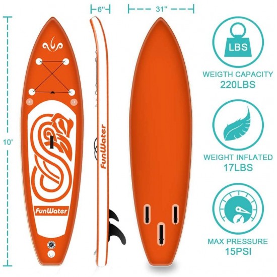 FunWater Inflatable 10'x31''x6'' Stand UP Paddle Board Ultra-Light (17lbs) Everything Included ISUP, Adj Paddle, Kayak Seat, Pump, SUP Backpack, Leash, Waterproof Bag, Non-Slip Deck pad Youth & Adult