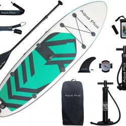 Aqua Plus 11ftx33inx6in Inflatable SUP for All Skill Levels Stand Up Paddle Board, Adjustable Paddle,Double Action Pump,ISUP Travel Backpack, Leash,Shoulder Strap,Youth & Adult Inflatable Paddle Board