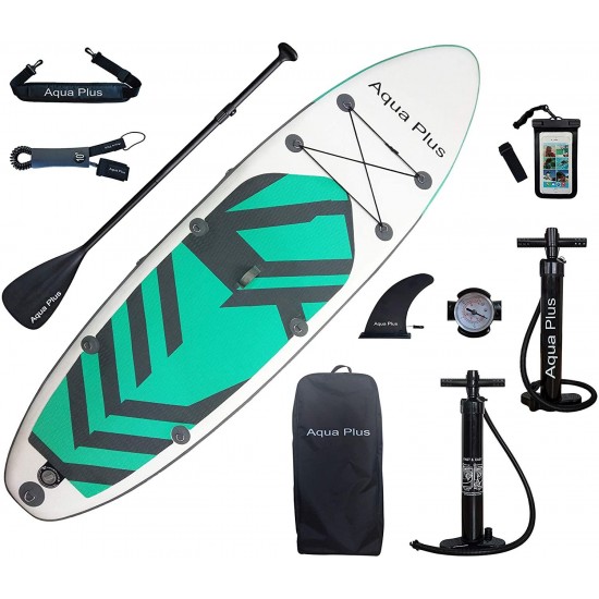 Aqua Plus 11ftx33inx6in Inflatable SUP for All Skill Levels Stand Up Paddle Board, Adjustable Paddle,Double Action Pump,ISUP Travel Backpack, Leash,Shoulder Strap,Youth & Adult Inflatable Paddle Board