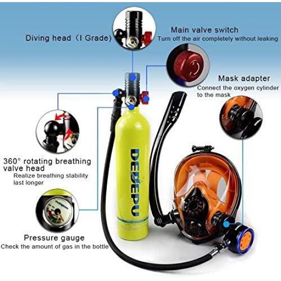 DEDEPU Scuba Cylinder Full Face Diving Mask Size L/XL Scuba Oxygen 1L Tank Blue Color with Manual Oxygen Pump