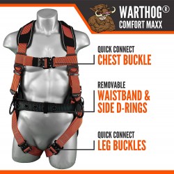 Malta Dynamics Warthog Comfort MAXX Construction Safety Harness with Removable Belt, Side D-Rings and Extra Padding – OSHA/ANSI/CSA Compliant, Full Body Harness for Fall Protection, Orange (SM-LG)