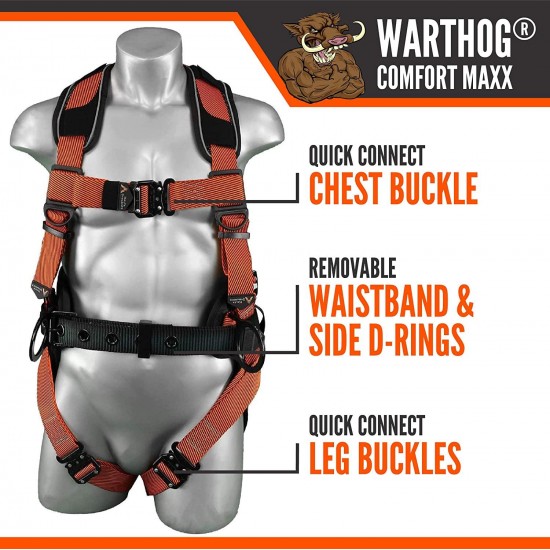 Malta Dynamics Warthog Comfort MAXX Construction Safety Harness with Removable Belt, Side D-Rings and Extra Padding – OSHA/ANSI/CSA Compliant, Full Body Harness for Fall Protection, Orange (3X-LG)