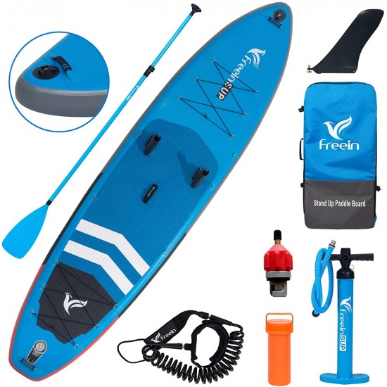 Freein Stand Up Paddle Board Inflatable SUP Fishing SUP Inflatable Stand up Paddle Board 11'6”x33 x6 Blue Package - Fishing Rack, Camera Mount, Dual Action Pump, Triple fins, Leash, Adaptor, Backpack