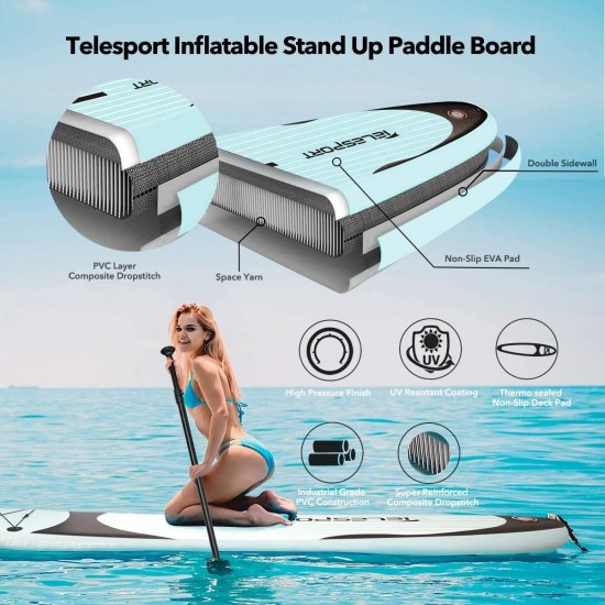 TELESPORT Inflatable Stand Up Paddle Boards, SUP with Accessories |Paddles,Leash,Fin,Pump,Repair Kit,Backpack,10'6