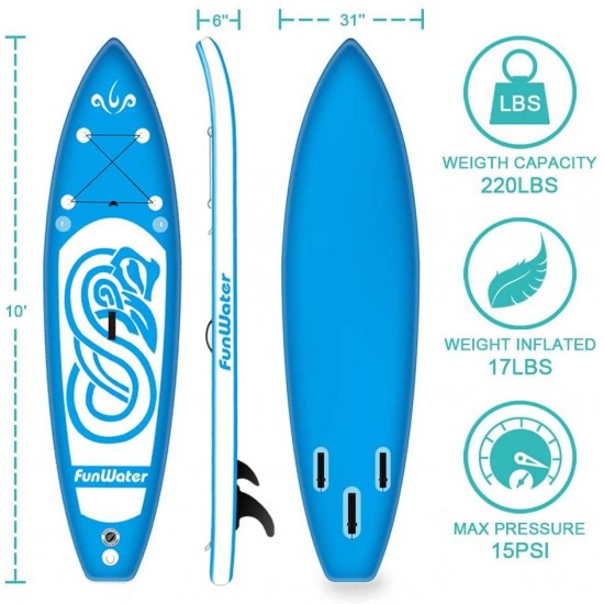 FunWater Inflatable 10'x31''x6'' Stand UP Paddle Board Ultra-Light (17lbs) Everything Included ISUP, Adj Paddle, Kayak Seat, Pump, SUP Backpack, Leash, Waterproof Bag, Non-Slip Deck pad Youth & Adult