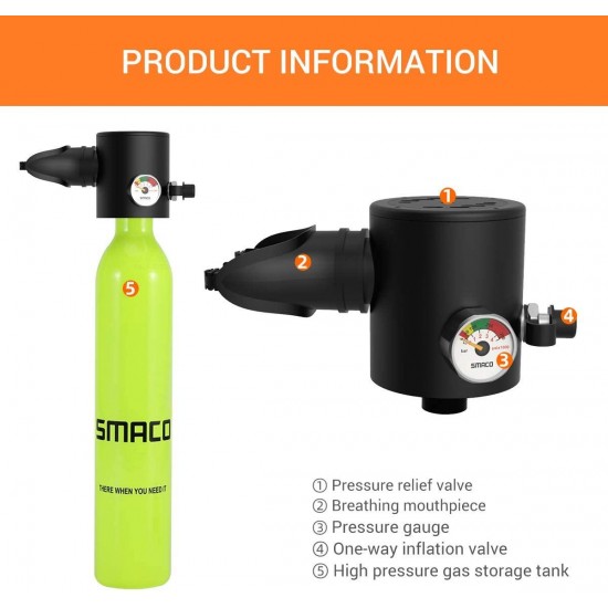SMACO Scuba Tank Oxygen Cylinder Diving Gear for Diver Mini Scuba Tank with 5-10 Minutes Capability Diving Oxygen Underwater Breathing Device 0.5L Diving & Snorkeling Equipment