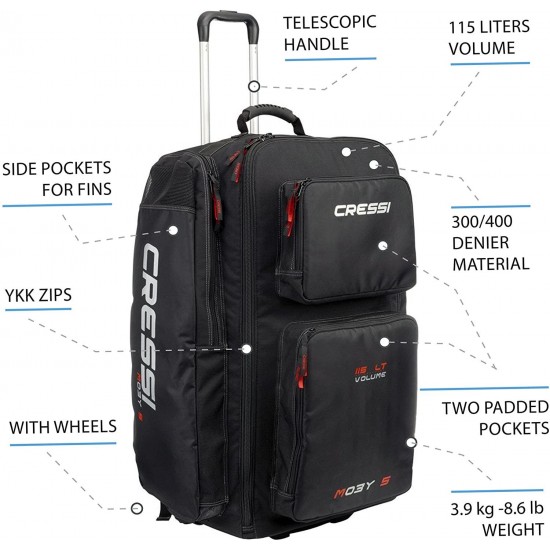 Cressi Strong Large Capacity Roller Luggage Bag 115L with Backpack Straps | Moby 5 designed in Italy