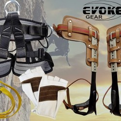 Evoke Gear Tree Climbing Spike Set Pole Spurs Climber Adjustable with Pro Harness + Kevlar Climbing Half Finger Glove