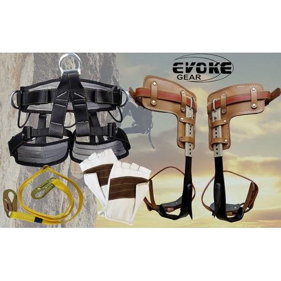 Evoke Gear Tree Climbing Spike Set Pole Spurs Climber Adjustable with Pro Harness + Kevlar Climbing Half Finger Glove