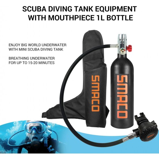 SMACO Scuba Tank Dive Cylinder Mini Scuba Tank Scuba Cylinder with 15-20 Minutes Capability Diving Oxygen Tank Breath Underwater Device（340 Breathe Times） S400 1L Dive Equipment Packages（in US Stock）