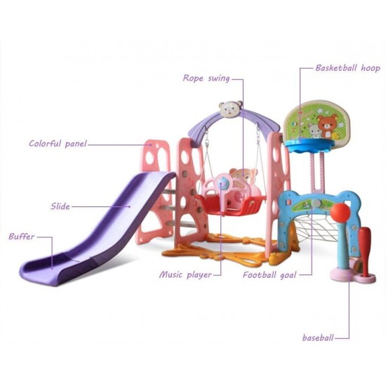 Toddler Slide and Swing Set, 6 in 1 Kids Climber Playset with Basketball Hoop, Football Gate,Baseball, Free Ball, Music Activity Playground for Indoor&Backyard (Shipment from USA, Pink Bear)