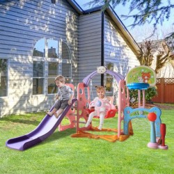 Toddler Slide and Swing Set, 6 in 1 Kids Climber Playset with Basketball Hoop, Football Gate,Baseball, Free Ball, Music Activity Playground for Indoor&Backyard (Shipment from USA, Pink Bear)